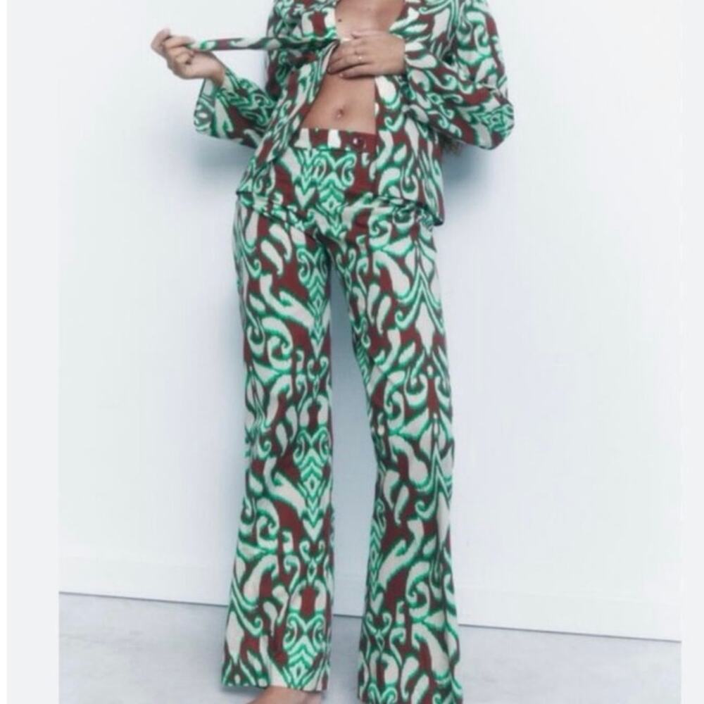 NWT Zara Printed Wide Leg Cotton Pants Sz XS Green & Brown 70s Boho - Picture 1 of 9